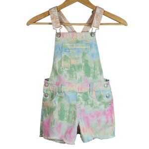 Jordache Tie Dye Shortalls Green Pink SZ 7 8 Medium Cutoff Shorts Bib Pocket Adj